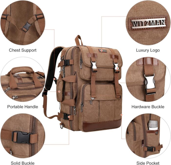 WITZMAN Canvas Travel Backpack for Men Large Laptop Backpack Fit 17 inch Carry-on Airline Approved Convertible Shoulder Rucksack(A6617-3 Brown) - Image 7