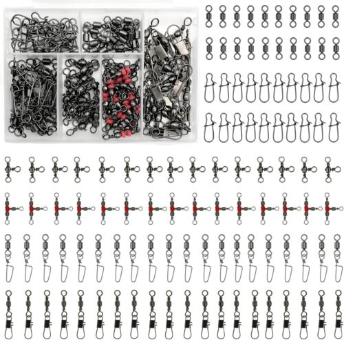 110Pcs Strong Fishing Snap Swivels Kit, Include Rolling Barrel Swivels, Premium 3 Ways Fish Line Connector with Snaps Clips, Fishing Terminal Accessories Tackle Box for Lures Sinkers