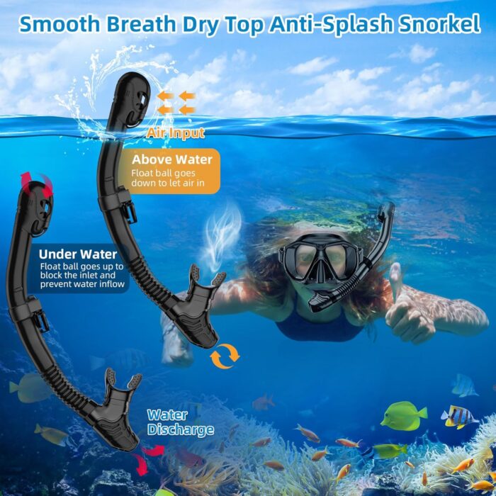 Snorkeling Gear for Adults Scuba Mask Set with Nose Cover Anti Fog Diving Mask with Dry Top Snorkel for Mens Womens Travel Swim Scuba Diving Snorkeling with Bag - Image 5