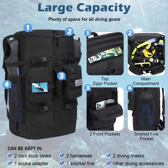 Scuba Diving Backpack - 65L Large Travel Backpack for Scuba Diving and Snorkeling Gear & Equipment Holds Snorkel, Fins, and More, Bag Only (Black) - Image 3