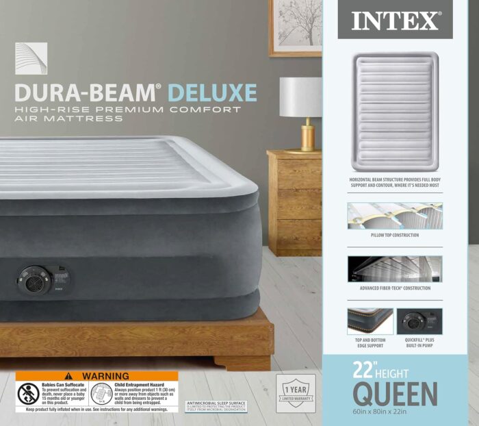 Intex 64417ED 22in Queen Dura-Beam Comfort Plush High-Rise Inflatable Air Mattress with Built in Pump for Travel and Camping, 600lb Weight Capacity - Image 3