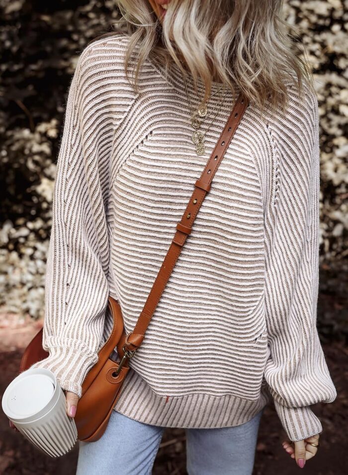 EVALESS Striped Sweaters for Women Boat Neck Batwing Sleeve Oversized Pullover Sweater Tops Womens Fall Clothes Outfits - Image 3