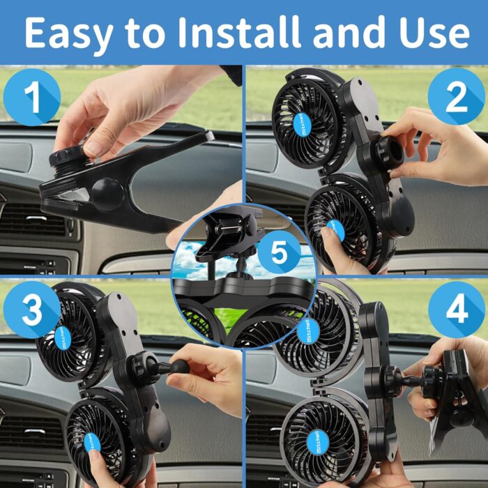 12V Car Fan, Adjustable 4 Inches Dual Head Car Clip Fan for Front/Rear Seat Passenger, 360° Rotatable Cars Fans with Stepless Speed Regulation for Car/Vehicle SUV, RV - Image 4