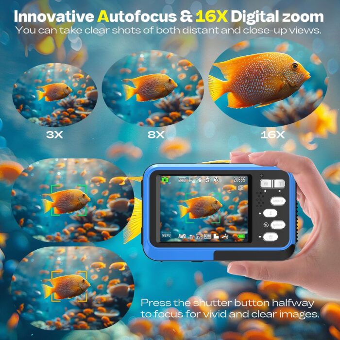 Underwater Camera, Selfie Dual Screens 4K 48MP 11FT Autofocus Waterproof Digital Camera for Snorkeling,16X Zoom, 64GB Card, 2 Batteries, Fill Light (Blue) - Image 3