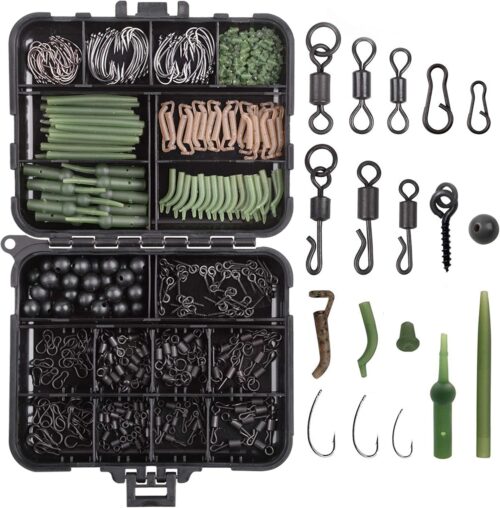 Carp Fishing Tackle Box Kit - 320pcs Fishing Kit Including Swivels, Hooks, Anti-Tangle Sleeves, Beads, Hook Stops, Boilie Bait, Screw Leader Rigging, Terminal Tackle