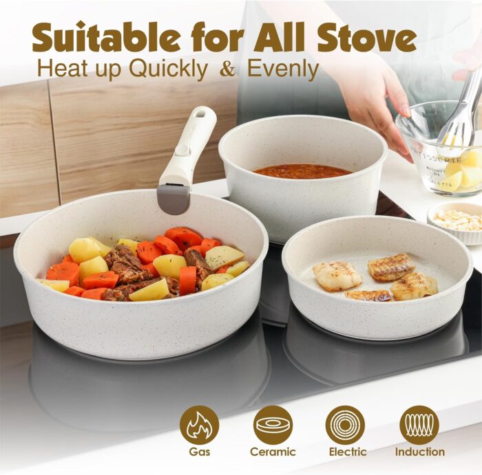 SENSARTE 17 Piece Pots and Pans Set, Nonstick Detachable Handle Cookware Set, Induction Kitchen Cookware Set with Removable Handle, Healthy Non Stick for RV, Dishwasher ＆ Oven Safe, PFOA Free (White) - Image 6