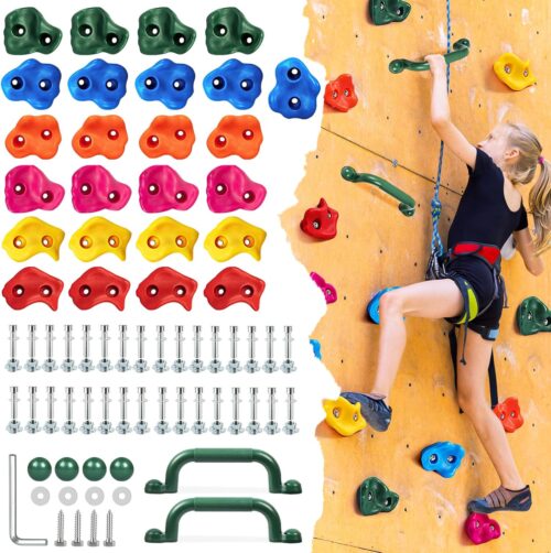 25Pcs Rock Climbing Holds for Kids Adults, Colourful Rock Wall Climbing Holds with 2 Handles, Large Pig Nose Shape Grips for Indoor Outdoor Playground-Mounting Hardware Kit Included