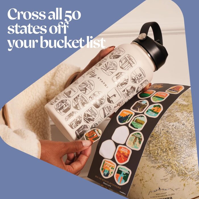 Wondery Official Fifty States Bucket List Travel Water Bottle with Waterproof Stickers and Straw | Cream 32 oz Engraved | Insulated Stainless Steel Vacuum Sealed | Leak Proof - Image 4