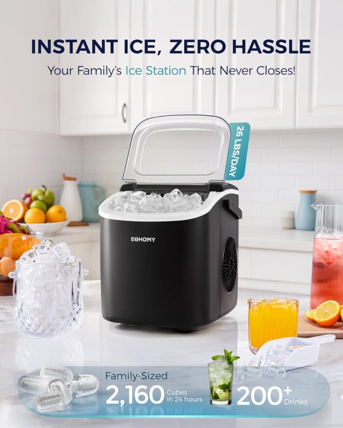 EUHOMY Countertop Ice Maker Machine with Handle, 26lbs in 24Hrs, 9 Ice Cubes Ready in 6 Mins, Auto-Cleaning Portable Ice Maker with Basket and Scoop, for Home/Kitchen/Camping/RV. (Black) - Image 2