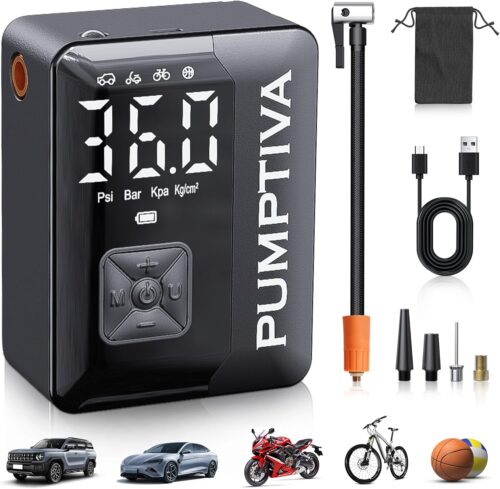Tire Inflator Portable Air Compressor, 150 PSI Portable Electric Bike Pump Auto Shut-Off Cordless Mini Car Tire Air Pump with Accurate LCD Display LED Light for Car, Motorcycle, Bicycle, Bike, Ball
