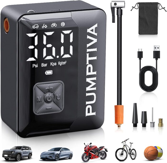 Tire Inflator Portable Air Compressor, 150 PSI Portable Electric Bike Pump Auto Shut-Off Cordless Mini Car Tire Air Pump with Accurate LCD Display LED Light for Car, Motorcycle, Bicycle, Bike, Ball