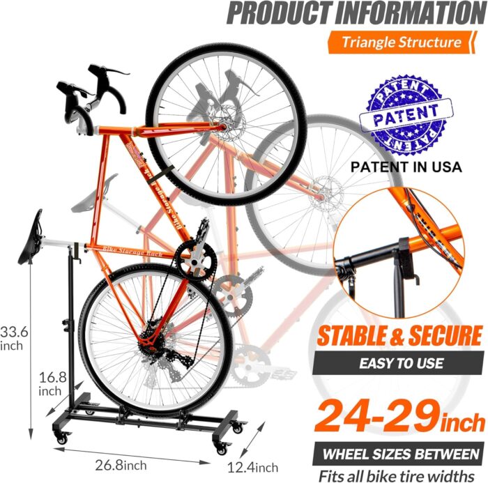 Vertical Bike Stand, Freestanding Indoor Bike Storage Rack Upright Bicycle Floor Stand Indoor Bike Holder with Adjustable Height for Garage & Apartment - for Wheels Sizes up to 29” - Image 5