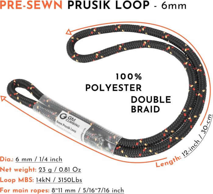 GM CLIMBING 6mm Prusik Cord Pre-Sewn 12in Prusik Loop for Climbing Arborist Rescue Mountaineering General Outdoor Use - Image 2