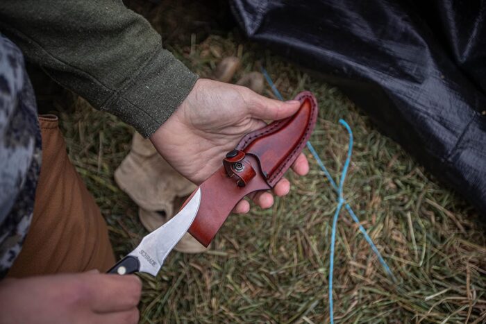 Old Timer 152OT Sharpfinger 7.1in S.S. Full Tang Fixed Blade Knife with 3.3in Clip Point Skinner Blade, Black Sawcut Handle, and Leather Belt Sheath for Hunting, Camping, Skinning, EDC, and Outdoors - Image 5