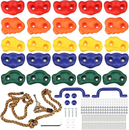 Yaegoo 25pcs Rock Climbing Holds, Rock Climbing Holds with Climbing Rope and Handles, Mounting Hardware Included