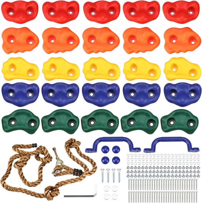 Yaegoo 25pcs Rock Climbing Holds, Rock Climbing Holds with Climbing Rope and Handles, Mounting Hardware Included
