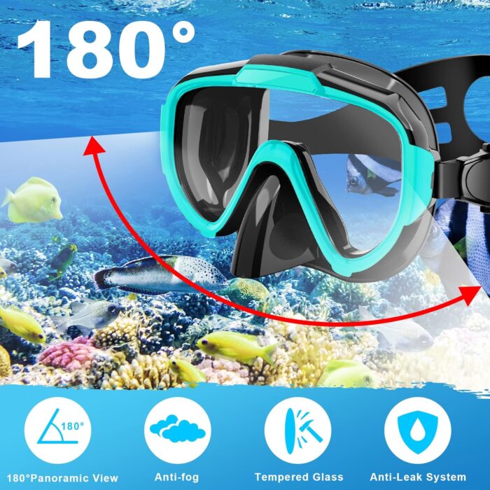 Snorkeling Gear for Adults, Dry Top Snorkel Set with Panoramic Anti-Leak and Anti-Fog Tempered Glass Lens, Adjustable Snorkeling Set for Scuba Diving Swimming Training Snorkel Kit - Image 2