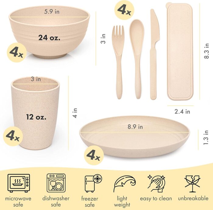 FOODLE Wheat Straw Dinnerware Set - BPA Free & Safety Tested - Unbreakable, Microwave & Dishwasher Safe Dishes - Picnic, RV, Dorm, Camping Plates Cups and Bowls - Great for Kids & Adults - For 4 - Image 2