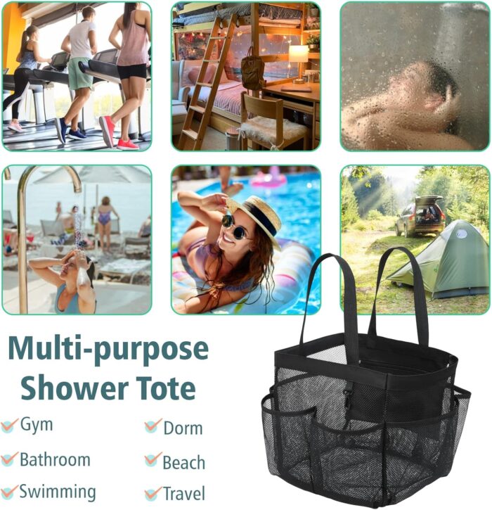 F-color Mesh Shower Caddy Portable, 8.3" Deeper Pockets Large Shower Caddy Bathroom Caddy for College Dorm Room Bathroom Essentials, 2 Handles Shower Bag Tote for Gym Rv, Camp with S Hook, Black - Image 6