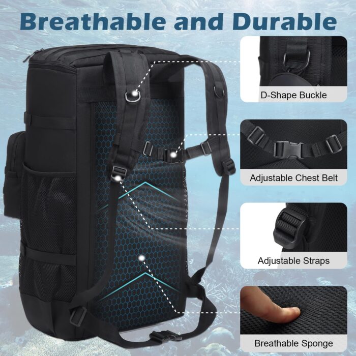 Scuba Diving Backpack - 65L Large Travel Backpack for Scuba Diving and Snorkeling Gear & Equipment Holds Snorkel, Fins, and More, Bag Only (Black) - Image 5