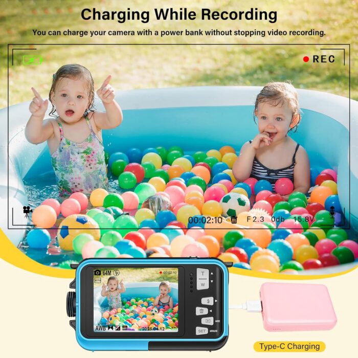 Underwater Camera 2.7K 56MP Waterproof Camera Autofocus with 32GB Card, 16FT Waterproof Digital Camera with 2.7" Screen for Kids, 16X Fill Light Portable Compact Digital Camera for Snorkeling,Blue - Image 5