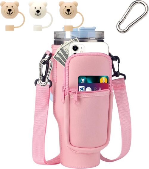 Water Bottle Bag for Stanley 40 oz (Approx. 1134.0 ml) Water Bottle Holder with Cell Phone Pocket and Organizer Pouch, Adjustable Shoulder Strap with 2 Straw Flaps and Mountaineering Buckle