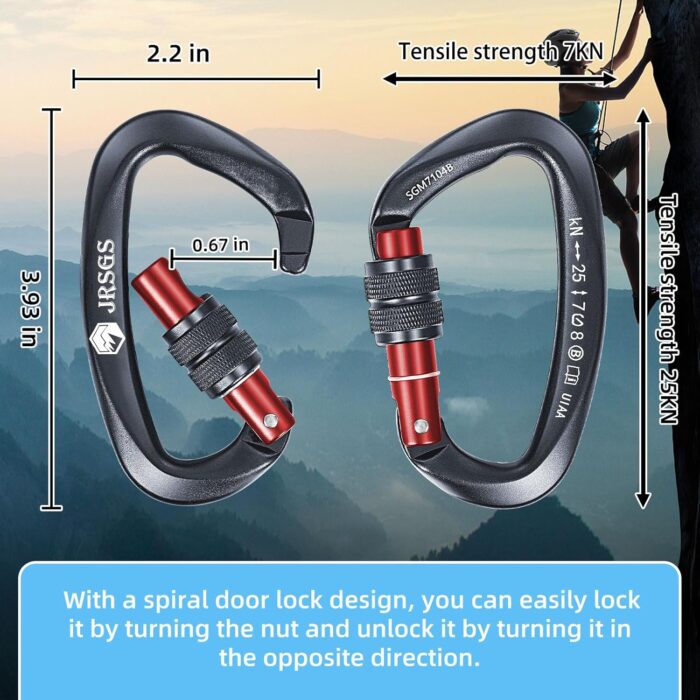 25KN Locking Climbing Carabiner Clips, UlAA Certified Rockclimbing Carabiner,Heavy Duty Carabiners Equipment,Large SizeCarabiner for Climbing, Rappelling,Hunting and Rescue - Image 2