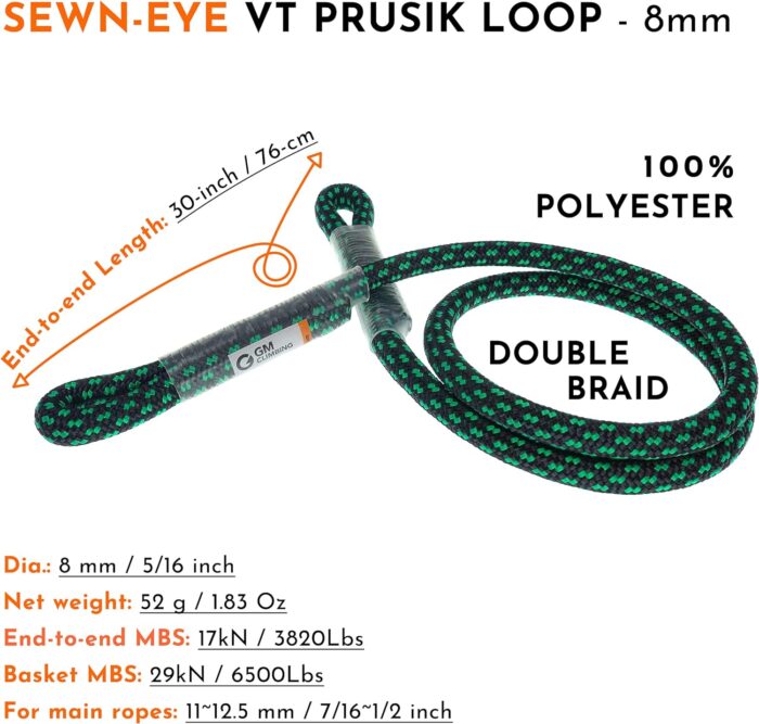 GM CLIMBING 8mm (5/16") Prusik Swen Eye-to-Eye Pre-Sewn 30 inch / 45 inch - Image 2