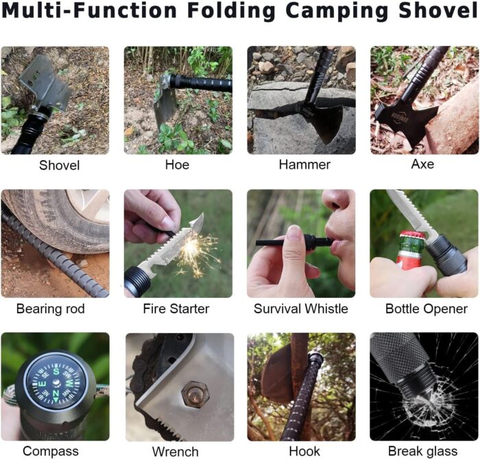 Survival Shovel Survival Axe, Camping Folding Shovels Hatchet with 19.2-37.8inch Lengthened Handle Enlarged Shovelhead High Carbon Steel with Storage Pouch for Camping Cycling Hiking - Image 4