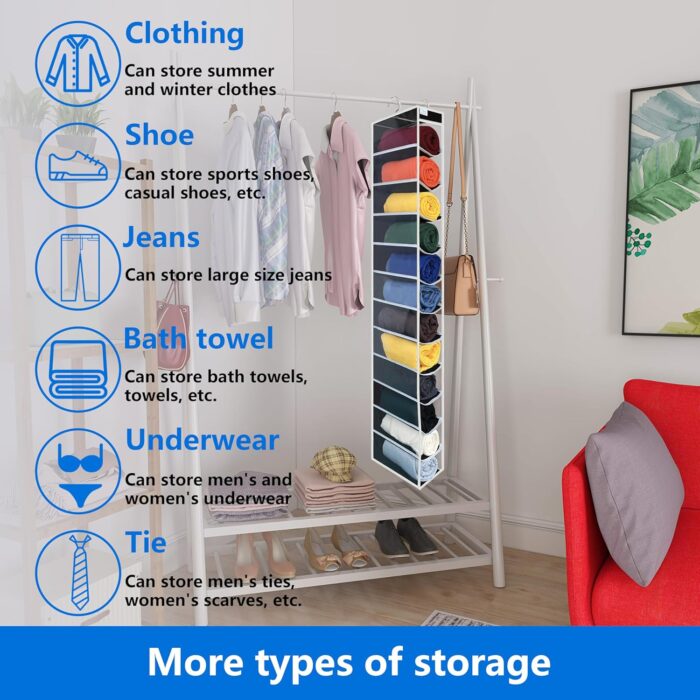 Closet Organization,12 Section, Hanging Closet Organizer, Space Saving, College Dorm Essentials for Girls, Heavy dutys Hooks Up to 45 Pounds, Clothes Storage,Closet Organizer,Black/White - Image 4