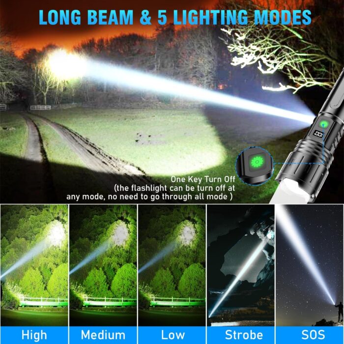 Hoxida Flashlights High Lumens Rechargeable - 2000 Lumens Long Beam Super Bright LED Flash Light with Power Display & IPX5 Waterproof for Camping, 20H Runtime,5 Modes,Zoomable Handheld Flashlight - Image 7