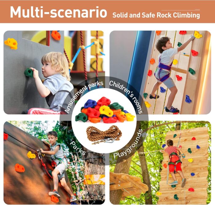FRUITEAM 25 Rock Climbing Wall Holds for Kids Adults,Indoor and Outdoor Playground Rock Wall Climbing Kit,Knotted Climbing Rope,Colourful Climbing Rock Wall Grips for Kids - Image 3