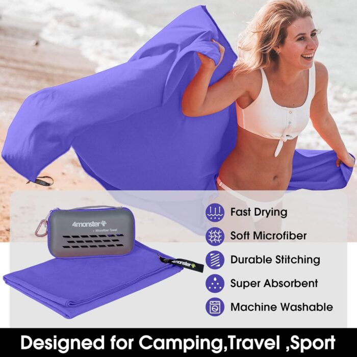 4Monster Camping Towels Super Absorbent, Fast Drying Microfiber Travel Towel, Quick Dry Ultra Soft Compact Gym Towel for Swimming Beach Hiking Yoga Travel Sports Backpack (31.50" x 15.80", Purple) - Image 2