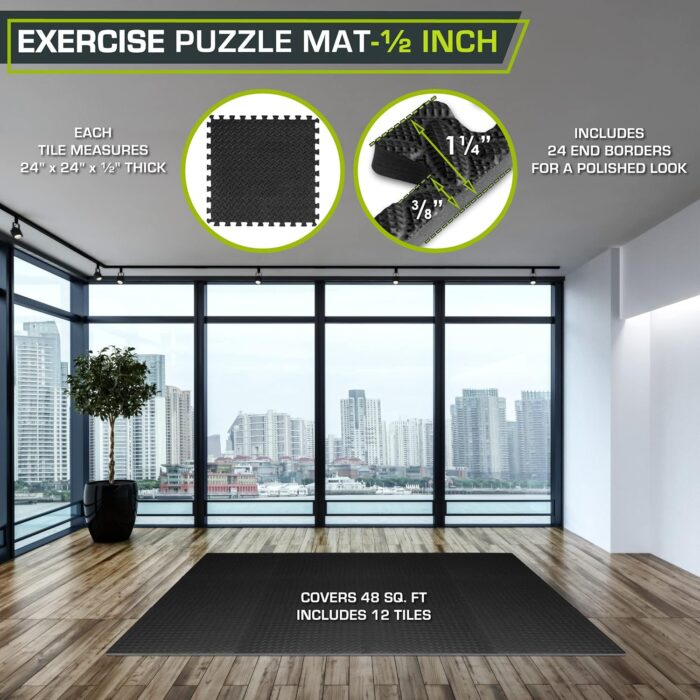 ProsourceFit Puzzle Exercise Mat ½ in, EVA Interlocking Foam Floor Tiles for Home Gym, Mat for Home Workout Equipment, Floor Padding for Kids, Black, 24 in x 24 in x ½ in, 48 Sq Ft - Image 2