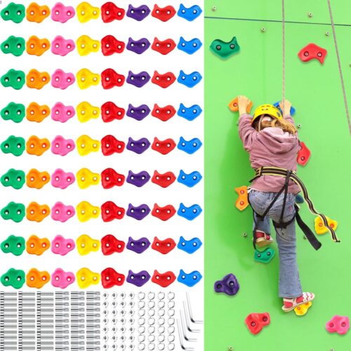 Meooeck 72 Pcs Kids Rock Wall Climbing Holds Set Colorful Grips with Mounting Screws and Hardware for DIY Indoor Outdoor Backyard Playground Play Set Back to School Birthday Gift(Classic Color)