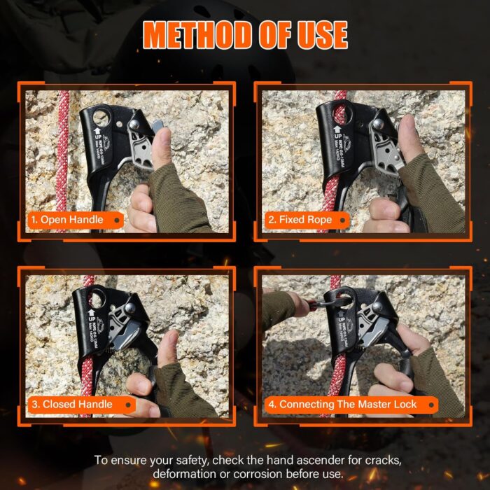 Hand Ascender High strength aluminum Alloy Climbing Ascender with Ergonomic Rubber Handle Strong Rappelling Gear Equipment for Rock Climbing Tree Arborist Rescue Mountaineering Caving Left Right Hand - Image 6