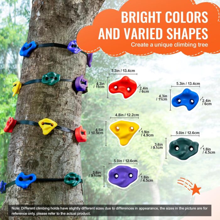 VEVOR Ninja Tree Climbing Kit, 12 Tree Climbing Holds and 6 Ratchet Straps, Large Climbing Rocks for Kids and Adults Climber, and Shapes, for Outdoor Ninja Warrior Obstacle Training - Image 3
