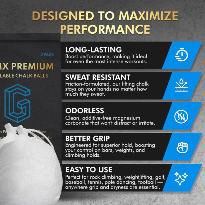 130g (2 x 65g) Premium Chalk Balls. Pro-Grade Gym Chalk in Refillable Sock. Eco Friendly Packaging. Grip Enhancing Gym Accessory for Weightlifting, Rock Climbing, Gymnastics & More. Package May Vary. - Image 3