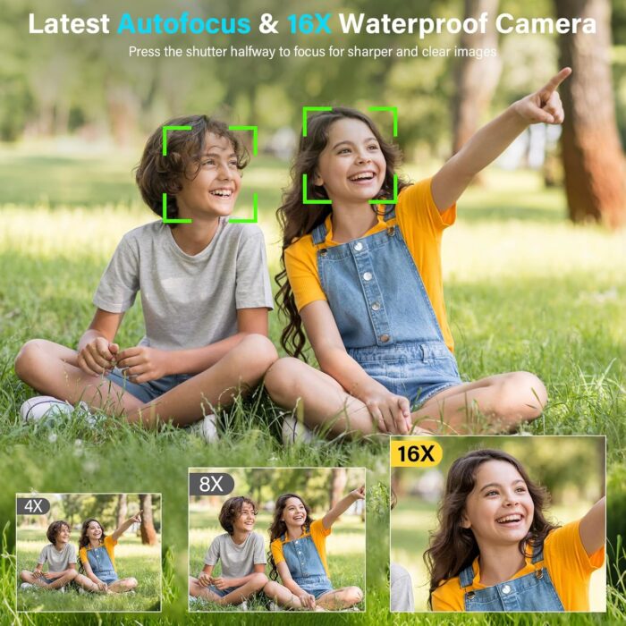 Underwater Camera 2.7K 56MP Waterproof Camera Autofocus with 32GB Card, 16FT Waterproof Digital Camera with 2.7" Screen for Kids, 16X Fill Light Portable Compact Digital Camera for Snorkeling,Blue - Image 4