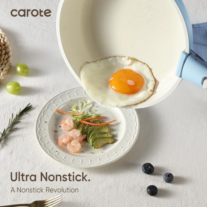 CAROTE Pots and Pans Set, Nonstick Cookware Set Detachable Handle, 15pcs Induction Kitchen Cookware Sets Non Stick with Removable Handle, RV Cookware Set, Oven Safe, Blue - Image 3