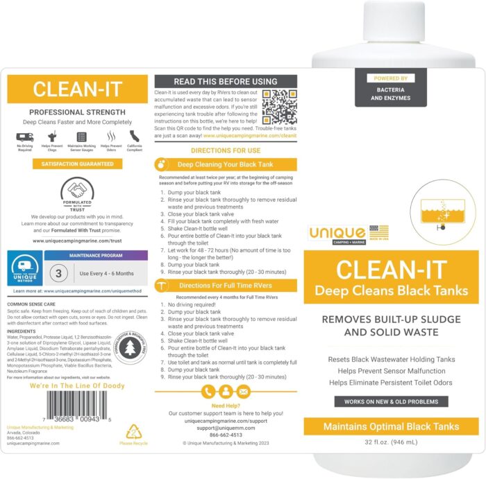 Unique Clean-It RV Black Tank Deep Cleaner Liquid - Effectively Resets Dirty RV Black Tanks - Eliminates Odors and Waste (32 oz) - Image 2