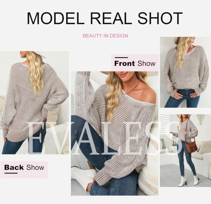 EVALESS Striped Sweaters for Women Boat Neck Batwing Sleeve Oversized Pullover Sweater Tops Womens Fall Clothes Outfits - Image 5