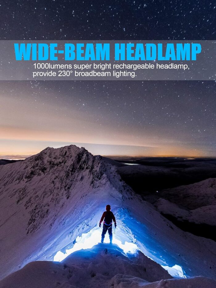 LED Headlamp Flashlight, 1000lumens 230° Broadbeam Headlight, USB Rechargeable Head Lamp with Red Taillight, Lightweight Waterproof Headlamps for Camping Running Hiking, Hard Hat Headlamp - Image 2