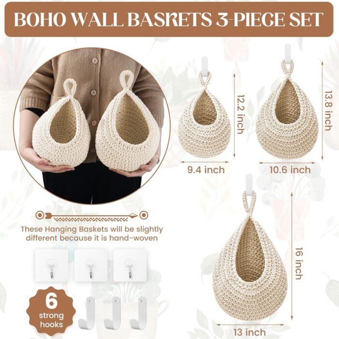 Hanging Fruit Baskets for Kitchen - 3 Pack Boho Wall Hanging Basket with 6 Pcs Strong Hooks, Handwoven Onion Storage Teardrop Home Onion Basket for Fruits Vegetable Potato Kitchen Storage (White) - Image 4
