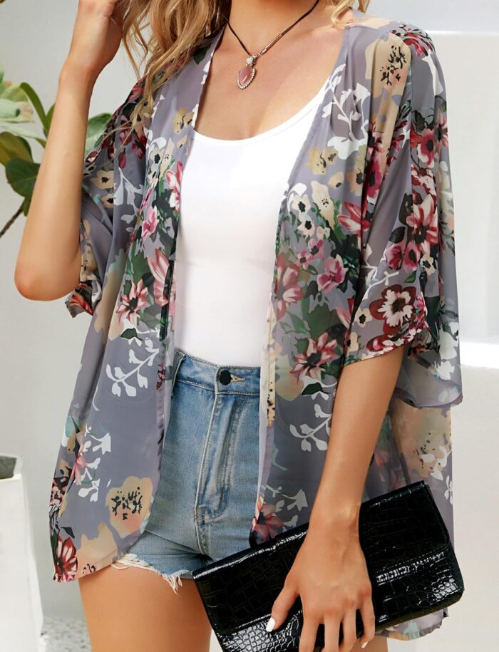 Women's Floral Print Puff Sleeve Kimono Cardigan Loose Cover Up Casual Blouse Tops - Image 4