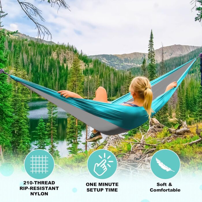 SZHLUX Camping Hammock Double & Single Portable Hammocks with 2 Tree Straps and Attached Carry Bag,Great for Outdoor,Indoor,Beach,Camping,Light Grey / Sky Blue - Image 4