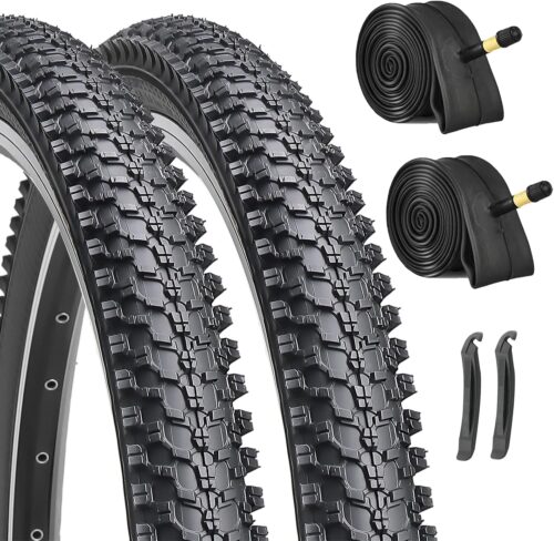 Hycline 2-Pack Mountain Bike Tires Set: 20/24/26/27.5-inch Folding Replacement Puncture-Resistant Bicycle Tires and Pair 20/24/26/27.5-inch Inner Tubes with Tire Levers for MTB Off-Road Bike