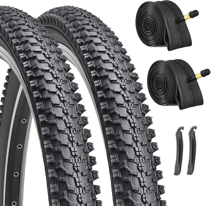 Hycline 2-Pack Mountain Bike Tires Set: 20/24/26/27.5-inch Folding Replacement Puncture-Resistant Bicycle Tires and Pair 20/24/26/27.5-inch Inner Tubes with Tire Levers for MTB Off-Road Bike