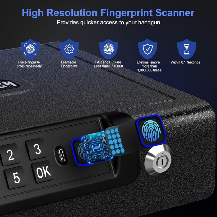 Biometric Gun Safe for Pistols 3-Ways unlock Fingerprint Digital PIN Key Unlock Handgun Safe with Sound, Lock box for Cloakroom living room Bedroom Nightstand and Car BILLCONCH - Image 3