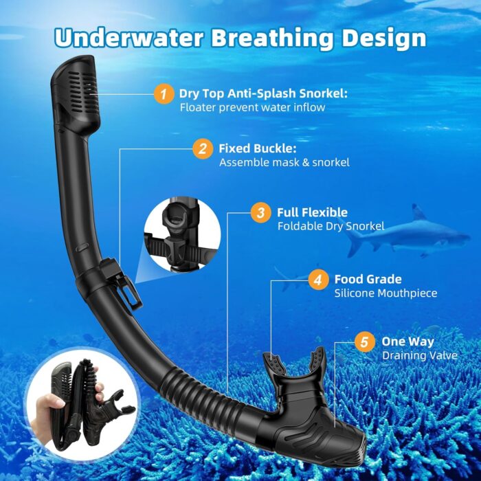Snorkel Set Adults Snorkeling Gear Anti-Leak and Anti-Fog Tempered Glass Lens Panoramic View Swim Mask Dry Top Snorkel Kit for Snorkeling Scuba Diving Swimming Travel with Carry Bag - Image 5